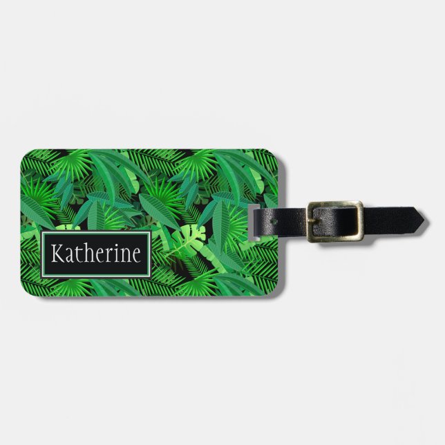 Monogram Leaves Of Tropical Palm Trees Luggage Tag (Front Horizontal)