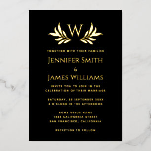 Monogram Leaves Simple Elegant Black Gold Wedding