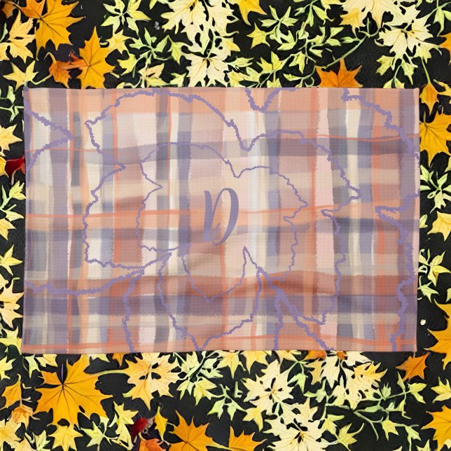 Monogram leaves tartan plaid beige orange purple tea towel (Creator Uploaded)