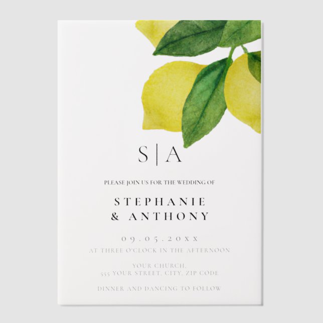 Monogram Lemon Citrus Branch Wedding      Vellum Invitations (Front)