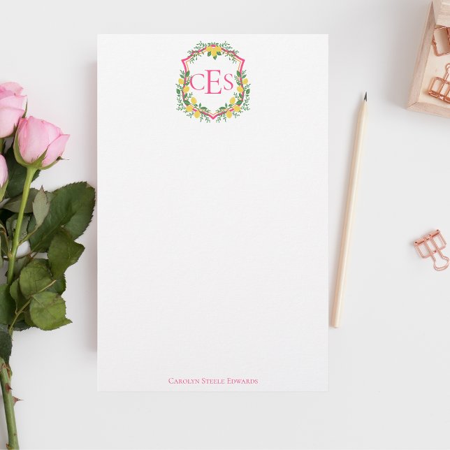 Monogram Lemon Crest, Pink & Orange Custom  Stationery (Creator Uploaded)