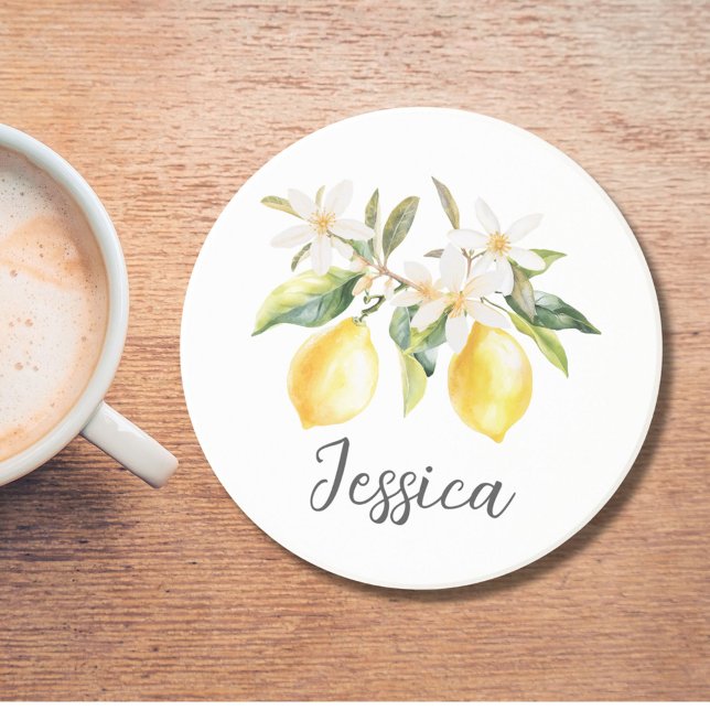 Monogram Lemon Fruits White Flowers Tree Branch Coaster (In situ)