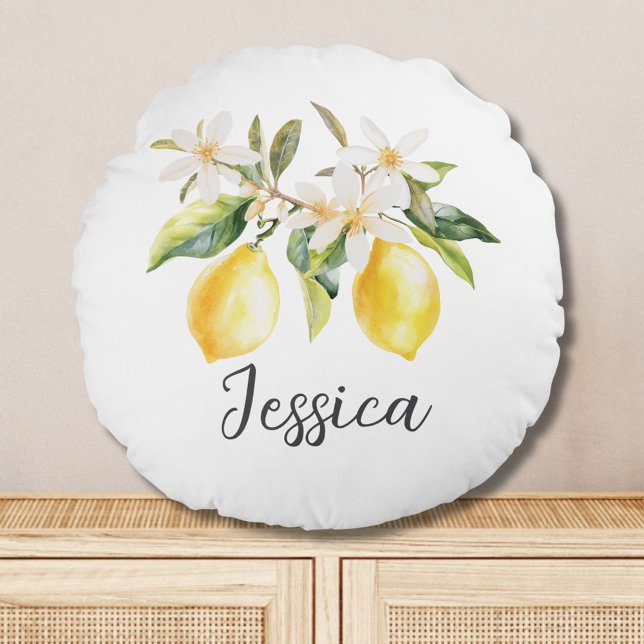 Monogram Lemon Fruits White Flowers Tree Branch Round Cushion (In situ)