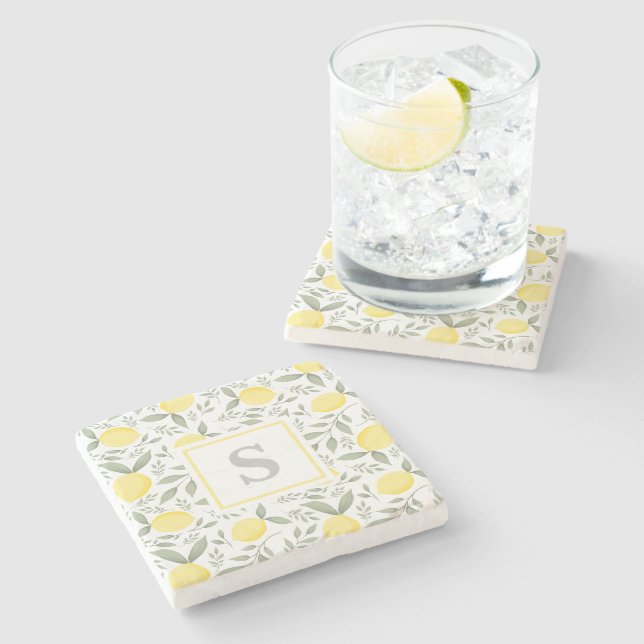 Monogram Lemon Pattern Stone Coaster (Side)