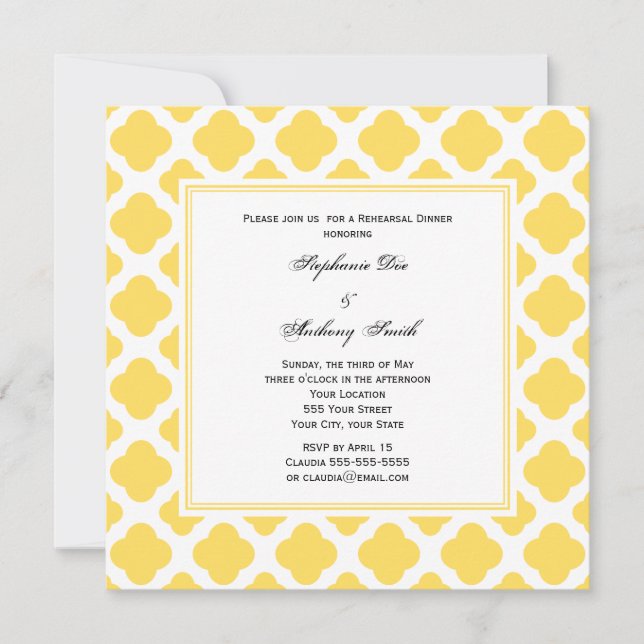 Monogram Lemon Yellow and White Quatrefoil Pattern Invitation (Front)