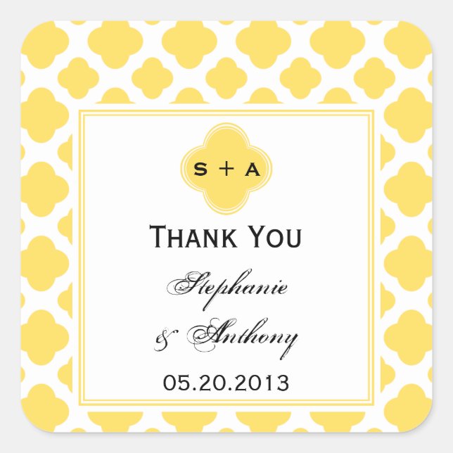 Monogram Lemon Yellow and White Quatrefoil Pattern Square Sticker (Front)