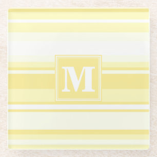 Monogram lemon yellow stripes glass coaster