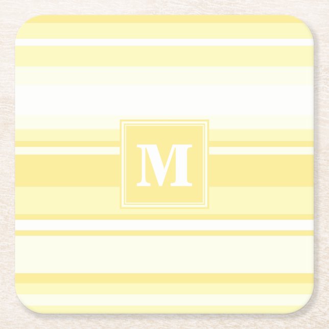 Monogram lemon yellow stripes square paper coaster (Front)