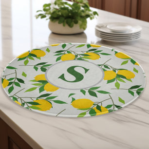 Monogram Lemons and Leaves Pattern Cutting Board