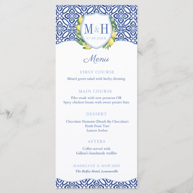 Monogram Lemons Blue Tiles Wedding Shower Party Menu (Front)