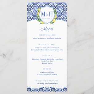Monogram Lemons Blue Tiles Wedding Shower Party Menu