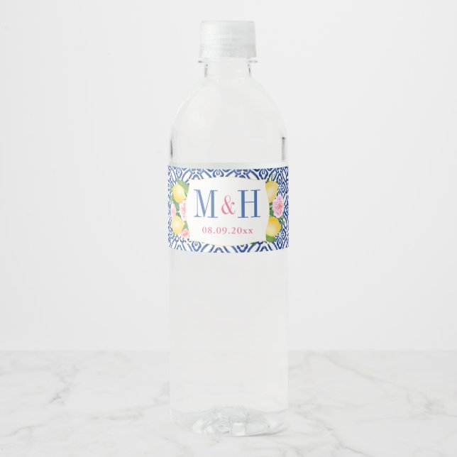 Monogram Lemons Blue Tiles Wedding Shower Party Water Bottle Label (Front)