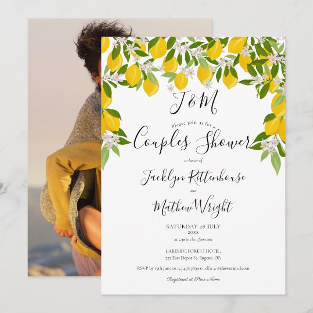 Monogram Lemons Wedding Couples Shower Photo Invitation (Front/Back)