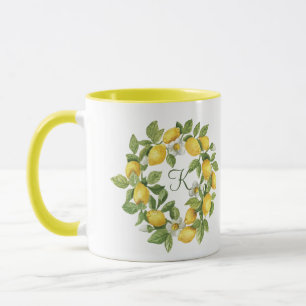Monogram Lemons Wreath Green Yellow Mug