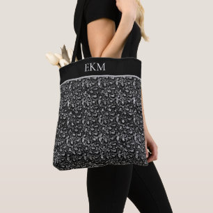 Monogram Leopard Animal Print Black Silver Grey Tote Bag