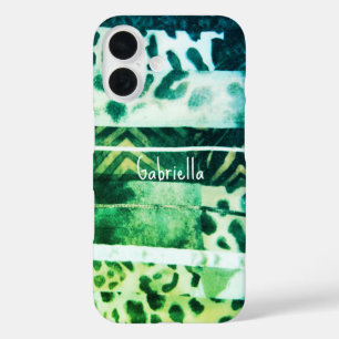 Monogram leopard animal print green teal yellow  iPhone 16 case