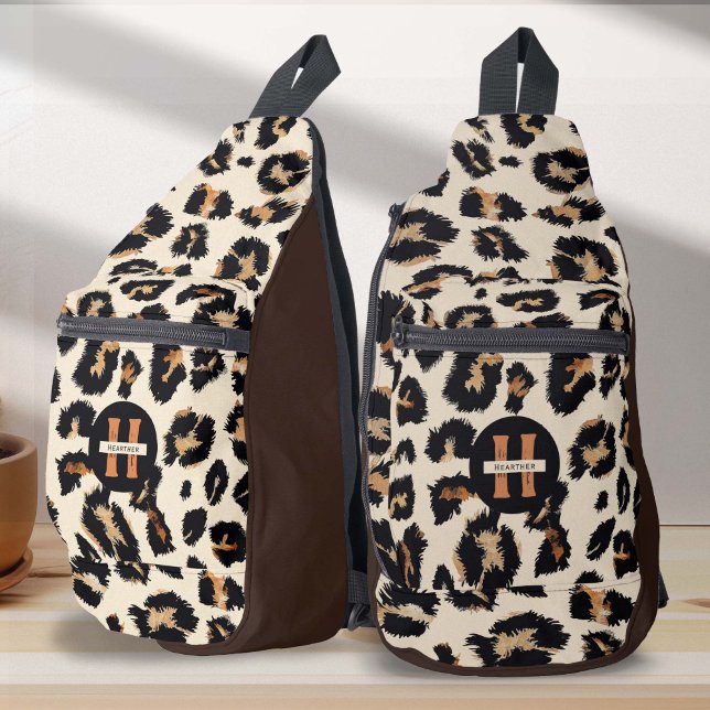 Monogram Leopard Animal Skin Pattern Sling Bag (Leopard skin motif print, sling back)