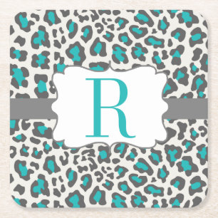 Monogram Leopard Aqua Grey White Paper Coaster