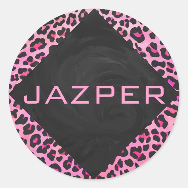 Monogram Leopard Black and Hot Pink Print Classic Round Sticker (Front)