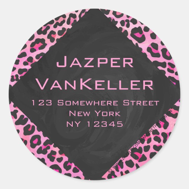 Monogram Leopard Black and Hot Pink Print Classic Round Sticker (Front)
