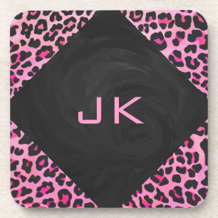 Monogram Leopard Black and Hot Pink Print Coaster