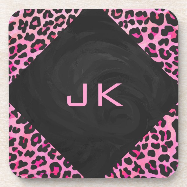 Monogram Leopard Black and Hot Pink Print Coaster (Front)