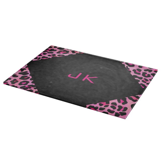 Monogram Leopard Black and Hot Pink Print Cutting Board (Corner)