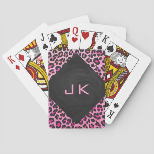 Monogram Leopard Black and Hot Pink Print Playing Cards