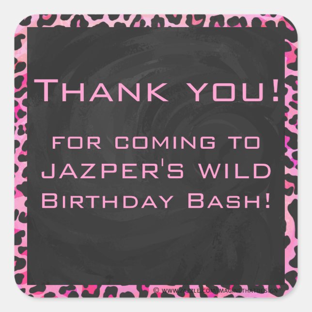 Monogram Leopard Black and Hot Pink Print Square Sticker (Front)