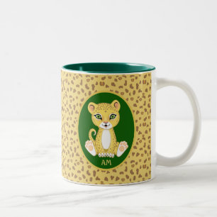 Monogram & Leopard on Green Brown & Golden Beige Two-Tone Coffee Mug