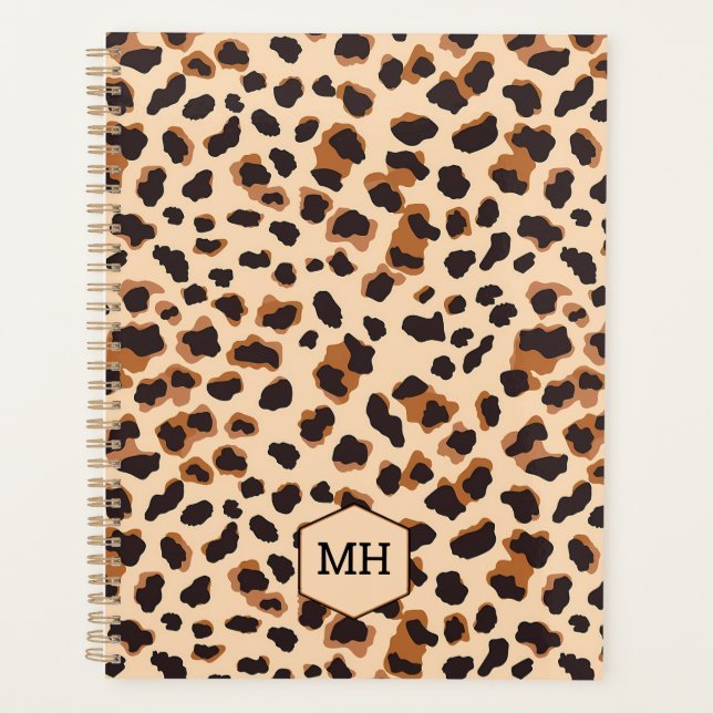 Monogram Leopard Print Brown Black Animal Weekly Planner (Front)