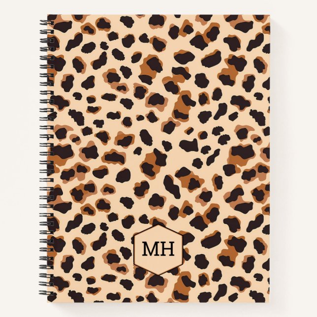 Monogram Leopard Print Chic Brown Blank Sketchbook Notebook (Front)