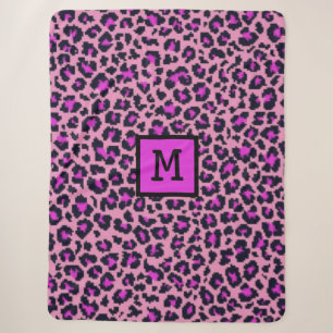 Monogram Leopard Print Initial Animal Purple Sherpa Blanket