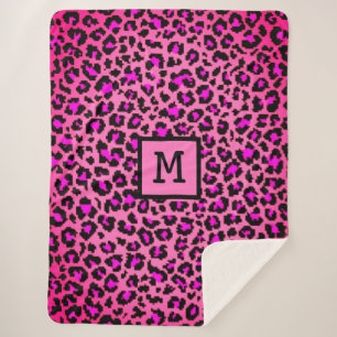 Monogram Leopard Print Initial Elegant Animal Pink Sherpa Blanket
