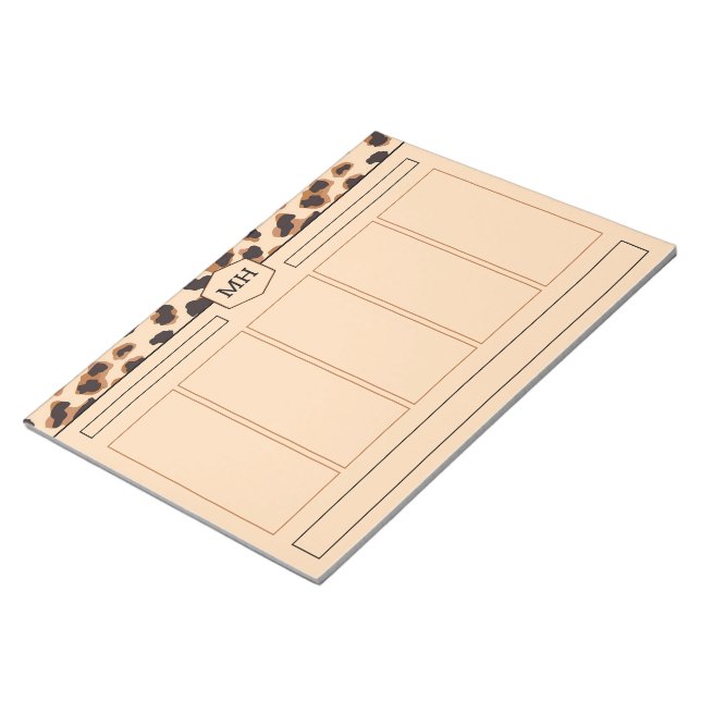 Monogram Leopard Print Modern Brown Black Animal Notepad (Angled)
