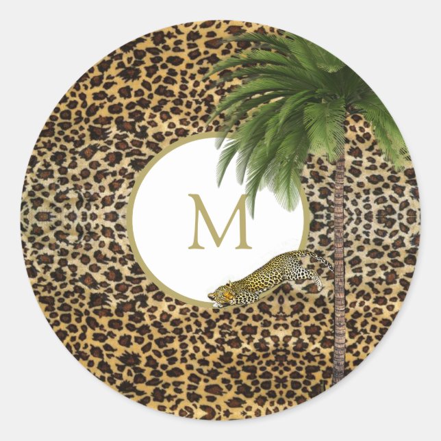 Monogram Leopard Print Pattern Wild Custom Classic Round Sticker (Front)