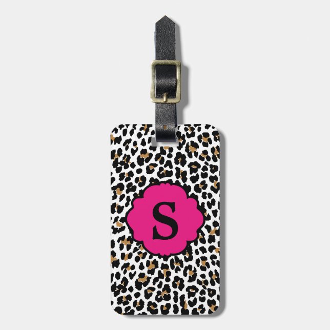 Monogram Leopard Print Pink Accent Luggage Tag (Front Vertical)