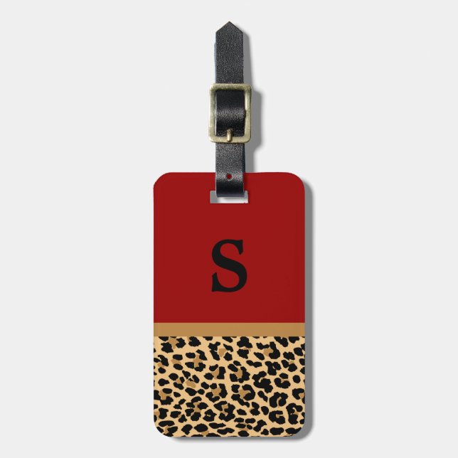 Monogram Leopard Print Red Accent Luggage Tag (Front Vertical)