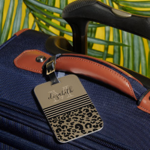 Monogram Leopard Print Stripe   Gold Black Luggage Tag