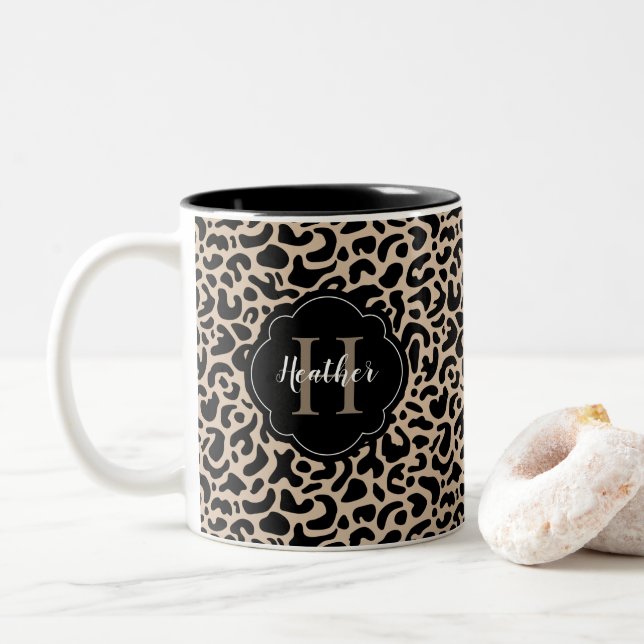 Monogram Leopard Print Two-Tone Coffee Mug (With Donut)