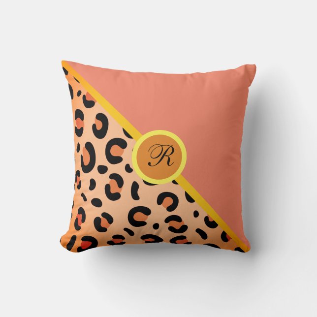 Monogram Leopard Print Two Tone Golden Coral Pink  Cushion (Front)