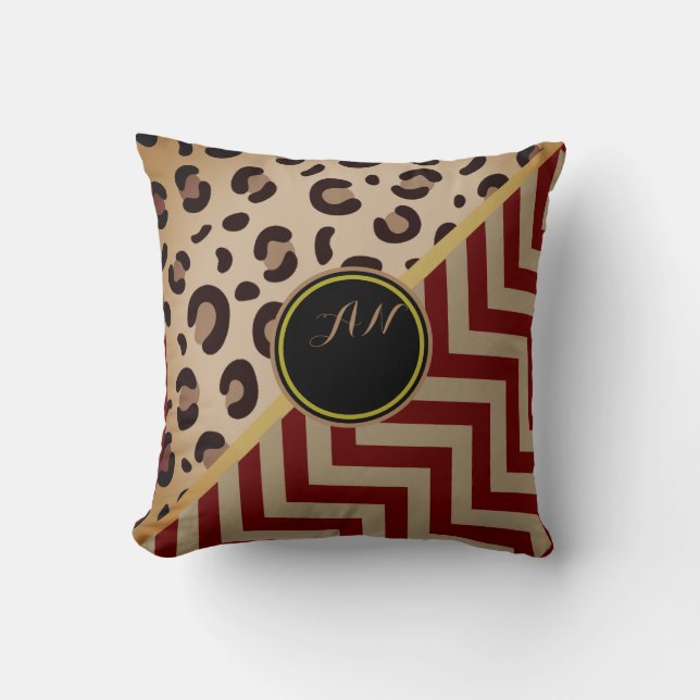 Monogram Leopard Print Zigzag Chevron Two-Tone  Cushion (Front)