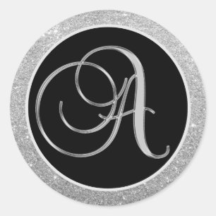 Monogram Letter A Black Silver Glitter Seals