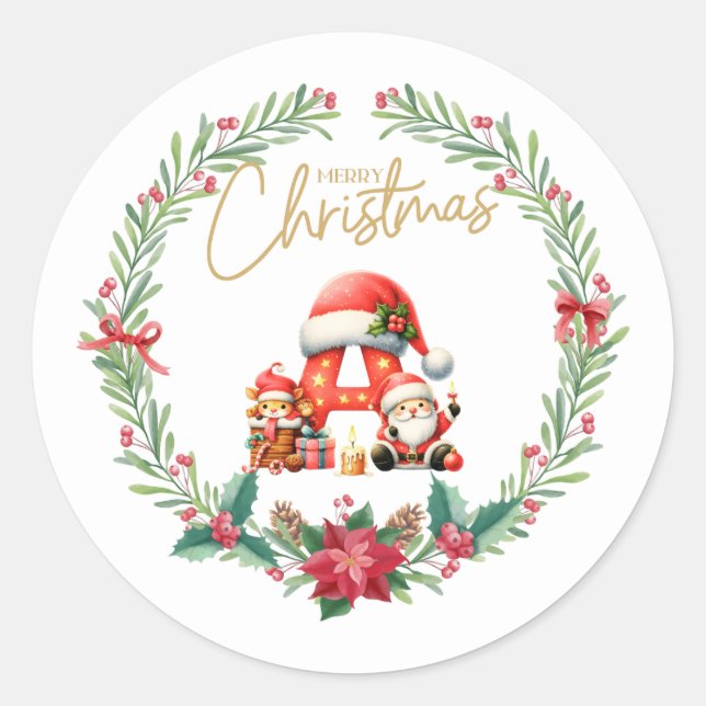 Monogram letter A, Christmas Wreath w/ Santa Claus Classic Round Sticker (Front)