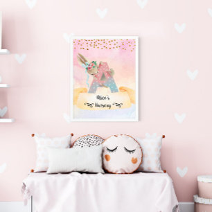 Monogram Letter A Cute Bunny Baby Girl Nursery Poster