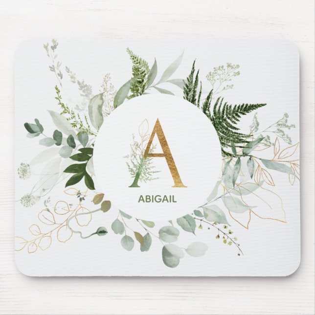 Monogram Letter A Fern & Succulent Mouse Pad (Front)