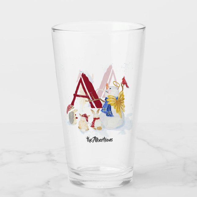 Monogram Letter A Merry Christmas Angel Snowman Glass (Back)