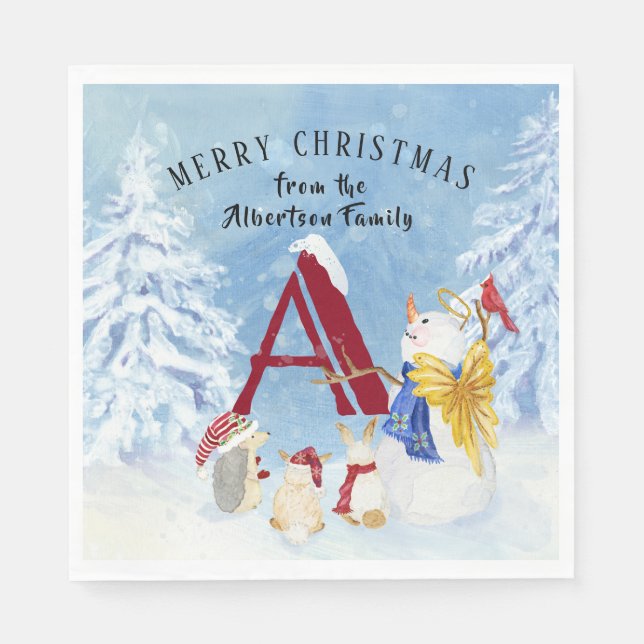 Monogram Letter A Merry Christmas Angel Snowman Napkin (Front)