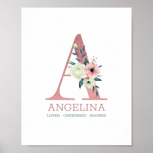 Monogram Letter A Pink Watercolor Floral Nursery Poster (Front)