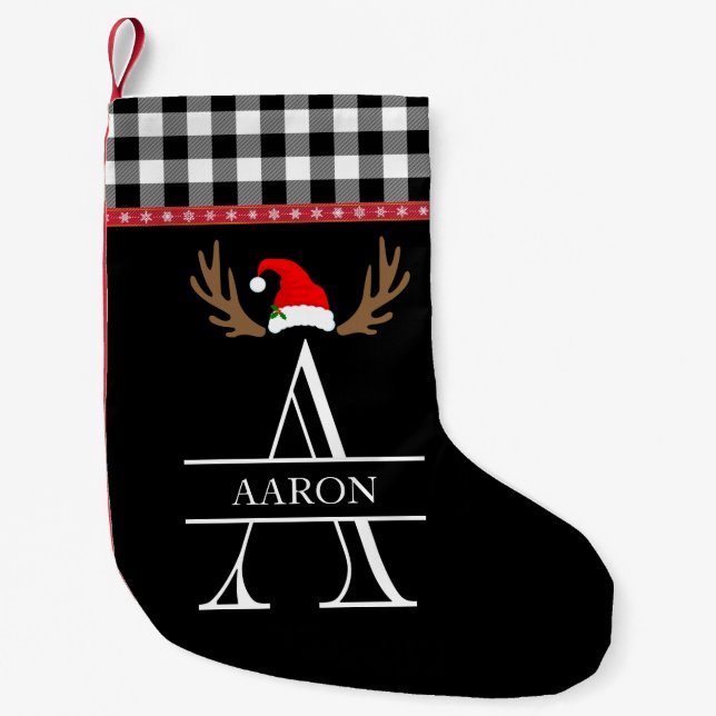 Monogram Letter A Plaid Black, White Red Small Christmas Stocking (Front)